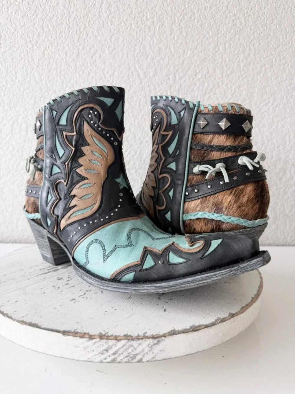 Old Gringo EAGLE FLIGHT Short Cowboy Boots Black Turquoise Womens 11 Snip Toe